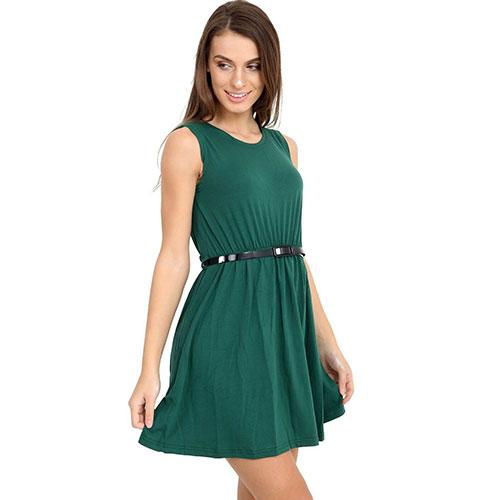 Women, Ladies Girls Sleeveless Dresses Flared Belted *Skater* Dress Party Top Vest Green
