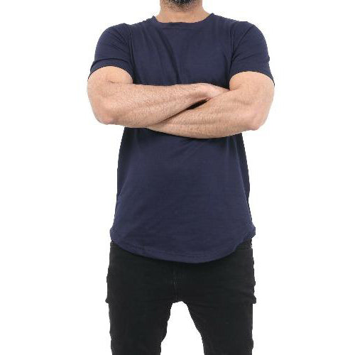 Men's Plain Half Sleeve T-Shirt Top Slim Fit Round Hem Crew Neck Casual Tops FRONT POSE NAVY-GW FASHIONS LTD