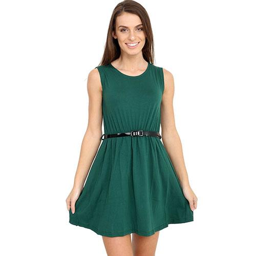 Women, Ladies Girls Sleeveless Dresses Flared Belted *Skater* Dress Party Top Vest Green