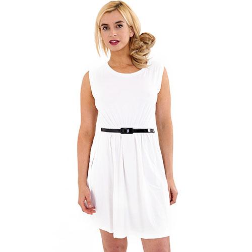 Women, Ladies Girls Sleeveless Dresses Flared Belted *Skater* Dress Party Top Vest White