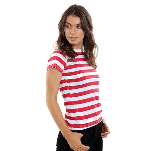 WOMAN LADIES RED & WHITE  STRIPED T-SHIRT TOP