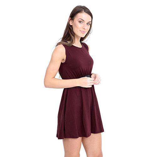 Women, Ladies Girls Sleeveless Dresses Flared Belted *Skater* Dress Party Top Vest Wine
