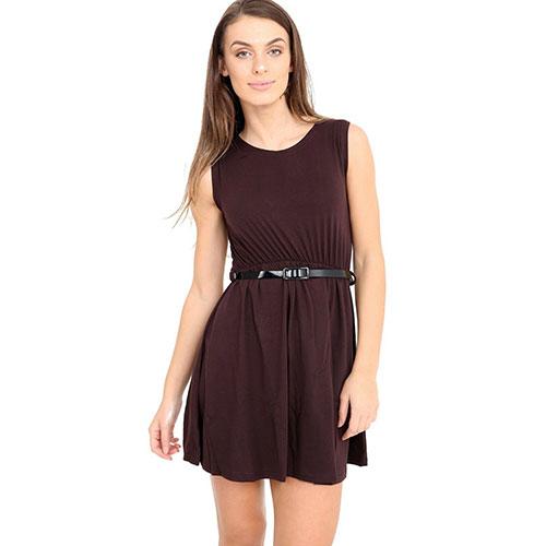 Women, Ladies Girls Sleeveless Dresses Flared Belted *Skater* Dress Party Top Brown 